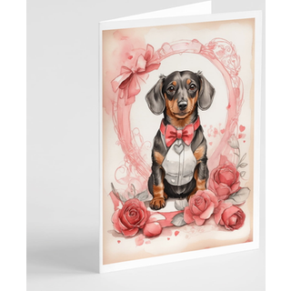 Caroline's Treasures DAC4418GCA7P Dachshund Valentine Roses lykønskningskortpakke med 8 blanke kort med konvolutter, finurlig A7 -størrelse 5x7 t