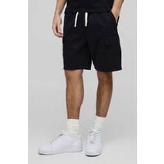 Mens Elasticated Waist Black Slim Fit Cargo Shorts