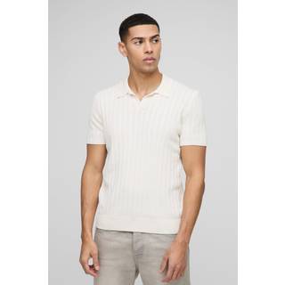 Mens Ecru Regular Ribbed Panel Knitted Polo