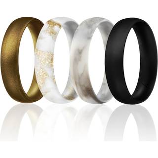 Silikone vielsesring - kuppel stil tynd komfort pasform sat af roq til kvinder - 7 mm marmor hvid med sort marmor hvid med metal bronze black met