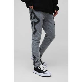Mens Light Grey Skinny Stacked Cross Spray Printed Jeans