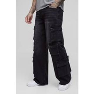 Mens Washed Black Tall Extreme Cargo Baggy Flared Jeans