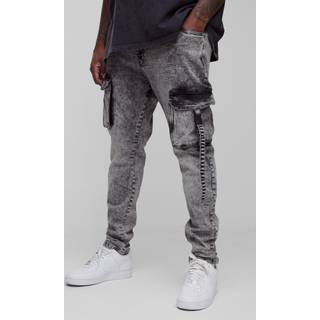Mens Grey Plus Skinny Multi Pocket Strap Detail Cargo Jeans
