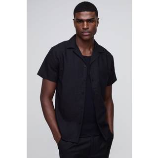 Mens Black Regular Fit Revere Linen Blend Short Sleeve Shirt