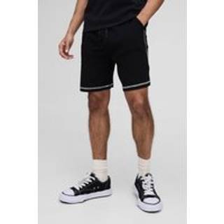 Mens Black Relaxed Rib Contrast Stitch Mid Length Short