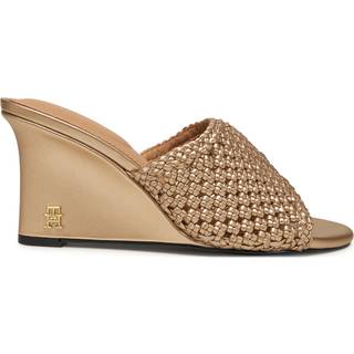 Metallic Leather Crochet Wedge Mules