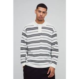 Mens Ecru Oversized Striped Knitted Polo