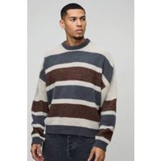 Mens Blue Boxy Brushed Stripe Knitted Jumper