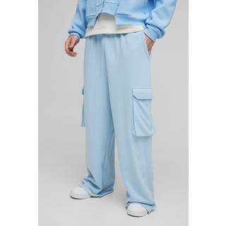 Mens Light Blue Extreme Wide Leg Raw Edge Loopback Cargo Jogger