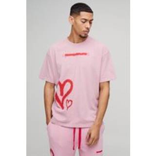 Mens Pink Oversized Washed Graffiti Heart Graphic T-Shirt