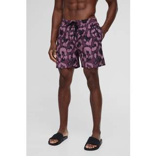 Mens Red Mid Length Leopard Printed Swim Short