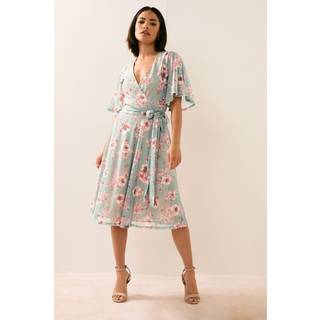 PixieGirl Petite PixieGirl Petite Sage Green Floral Print Mesh Wrap Midi Dress