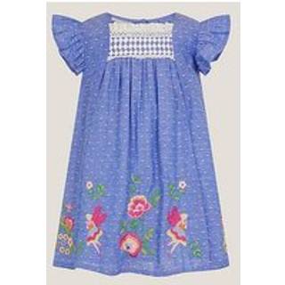 Monsoon Monsoon Blue Baby Fairy Embroidered Frill-Sleeve 100% Cotton Dress