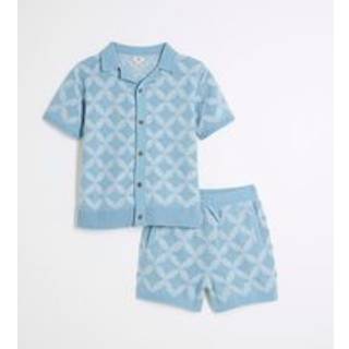 River Island River Island Light Blue Regular Fit Boys Geo Revere 100% Cotton Polo Shorts Set