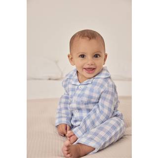 The White Company The White Company Blue 100% Cotton Crinkle Gingham Sleepsuit