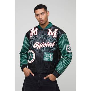 Mens Forest Boxy Worldwide Stripe Sleeve Varsity Jacket