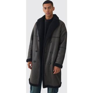 Mens Longline Double Breasted Borg Overcoat In Dark Brown