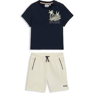 BOSStil drenge. J52125 Beige, sort sæt med shorts og t-shirt, beige, sort (12meses= 74cm), Casual, Bomuld, Korte ærmer, børnetøj