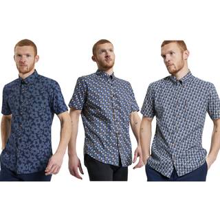 Ben Sherman Herren Kurzarmhemd blau gemustert