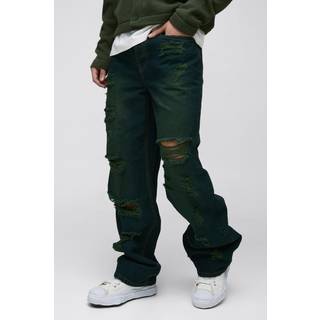 Mens Green Relaxed Stacked Rigid Extreme Ripped Washed Denim Jeans