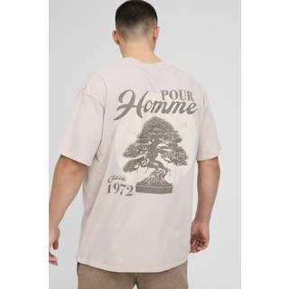 Mens Taupe Oversized Extended Neck Pour Homme Bonsai Tree Washed T-Shirt
