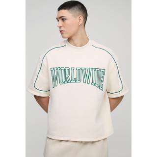 Mens Ecru Oversized Boxy Embroidered Varsity Half Sleeve Sweatshirt