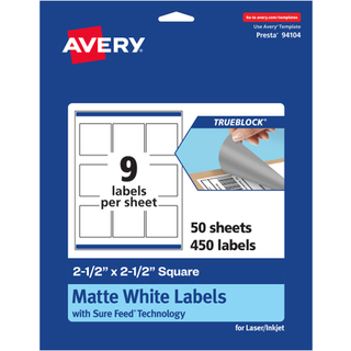 Avery TrueBlock Matte White Square Labels 2.5 """" X 2.5 """" 450 Etiketter Laser/Inkjet Printbar Fantastisk til emballage og produktbrug