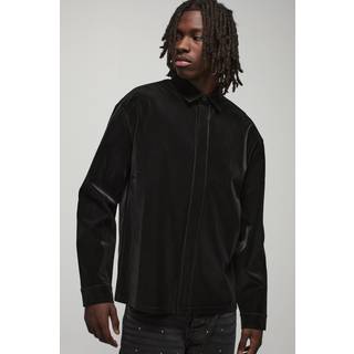 Mens Black Oversized Concealed Placket Collared Liquid Matte PU Shirt
