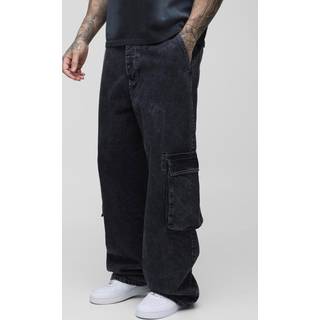 Mens Washed Black Tall Acid Wash Contrast Stitch Cargo Jeans