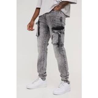 Mens Grey Tall Skinny Multi Pocket Strap Detail Cargo Jeans