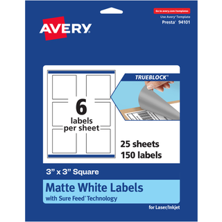 Avery TrueBlock Matte White Square Labels 3 """" X 3 """" 150 Etiketter Print-to-the-Edge Laser/Inkjet Printbar god til emballage