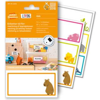 Avery 62036 Etiketter til mærkning af legetøjskasser, 97 x 47,5 mm, hvid med farvet ramme, permanent 4 Ark m. 3 Labels