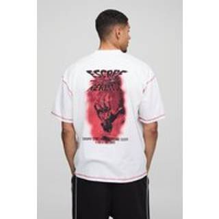 Mens White Oversized Extended Neck Contrast Stitch Graphic Print T-Shirt