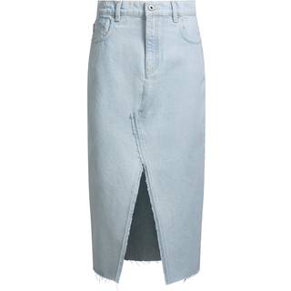 Midinederdel i blå denim med rå kant