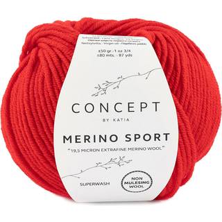 Katia Concept Merino Sport 004 Rød Indhold: 100% superwash merinould Vægt/længde: 50 g = ca. 80 meter Anbefalede pinde: 5-5.5 mm Strikkefasthed: 10 x 10 cm = 18 m x 24 p Vask: Finvask 30℃ / Kan tørretumbles.