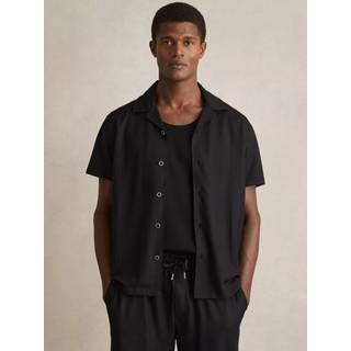 Reiss Reiss Black Warwick Textured-Knit Cuban-Collar Shirt