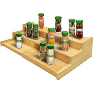 Lenwi Spice Rack Organizer til kabinet 3 -lags udvidelig bambus krydderiopbevaring Fantastisk til køkkenskabsskaber og mere