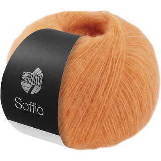 Lana Grossa Soffio 28 Abrikos Indhold: 60% merinould, 30% bomuld, 10% cashmere Vægt/Længde: 25 g = ca. 215 meter Anbefalede pinde: 3.5-4 mm Strikkefasthed: 10 x 10 cm = 29 m x 35 p Vask: Håndvask / Tørres fladt.