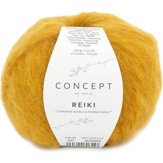 Katia Concept Reiki 107 Oker Indhold: 60% superfin alpaca, 29% merinould, 11% polyamid Vægt/længde:50 g = ca. 110 meter Anbefalede pinde: 5.5-6mm Strikkefasthed: 10 x 10 cm = 13 m x 20 p Vask: Finvask 30℃ / Tåler ikke tørretumbling.