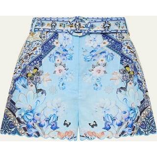 Camilla Belted floral linen shorts - blue - XL
