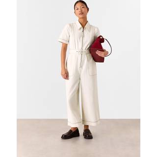 Whistles Whistles White Petite Denim Pintuck Belted 100% Cotton Jumpsuit