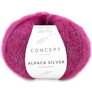 Katia Alpaca Silver 271 Rubin-sølv Indhold:73% Alpaca, 20% polyamid, 7% polyester Vægt/længde:25 g = ca. 120 m Anbefalede pinde:4 - 4½ mm Strikkefasthed:10 cm x 10 cm = 19 m x 28 r Håndvask / Tørres fladt.