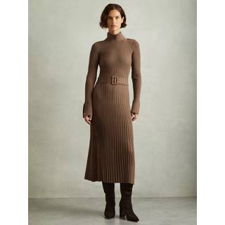Reiss Reiss Mocha Vinette Ribbed Roll Neck Belted Midi Dress