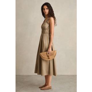 Reiss Reiss Khaki Anouk Cotton Craft-Stitch Shirred Midi Dress