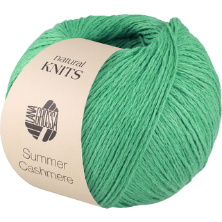 Lana Grossa Summer Cashmere 15 Jadegrøn Indhold:90% bomuld, 10% kashmir Vægt/længde:50 gram = ca. 210 meter Anbefalede pinde:3.50 - 4.00 mm Strikkefasthed:10 x 10 cm = 23 m x 30 p Vask:Finvask op til 30°C / Tørres fladt.