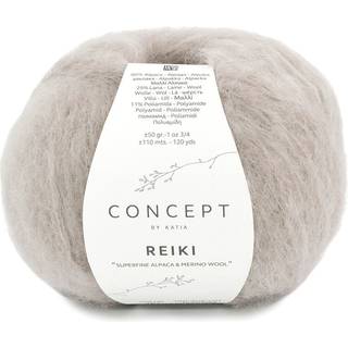 Katia Concept Reiki 101 Lysegrå Indhold: 60% superfin alpaca, 29% merinould, 11% polyamid Vægt/længde:50 g = ca. 110 meter Anbefalede pinde: 5.5-6mm Strikkefasthed: 10 x 10 cm = 13 m x 20 p Vask: Finvask 30℃ / Tåler ikke tørretumbling.