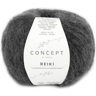 Katia Concept Reiki 102 Mørkegrå Indhold: 60% superfin alpaca, 29% merinould, 11% polyamid Vægt/længde:50 g = ca. 110 meter Anbefalede pinde: 5.5-6mm Strikkefasthed: 10 x 10 cm = 13 m x 20 p Vask: Finvask 30℃ / Tåler ikke tørretumbling.