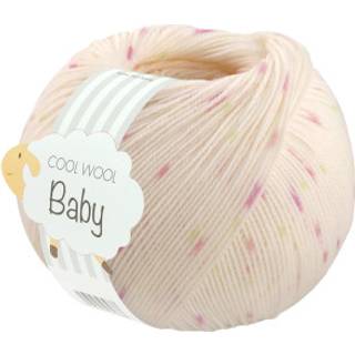 Lana Grossa Cool Wool Baby 367 Hvid/Pink/Kiwi Indhold:100% ren ny, ekstrafin merinould Vægt/Længde: 50 g = ca. 220 meter Anbefalede pinde: 2.5-3 mm Strikkefasthed: 10 x 10 cm = 28 m x 39 p Vask:Finvask 30º/ Tørres fladt.