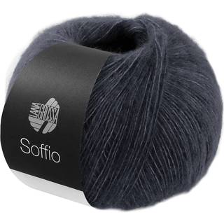 Lana Grossa Soffio 19 Antracit Indhold: 60% merinould, 30% bomuld, 10% cashmere Vægt/Længde: 25 g = ca. 215 meter Anbefalede pinde: 3.50-4.00 mm Strikkefasthed: 10 x 10 cm = 29 m x 35 p Vask: Håndvask / Tørres fladt.