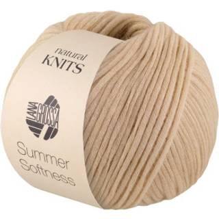 Lana Grossa Summer Softness 03 Beige Indhold:80% bomuld, 20% merinould Vægt/længde:50 g = ca. 130 meter Anbefalede pinde: 5.50-6.00 mm Strikkefasthed:10 x 10 cm = 17 m x 22 p Vask: Finvask max 30°C / Tørres fladt.